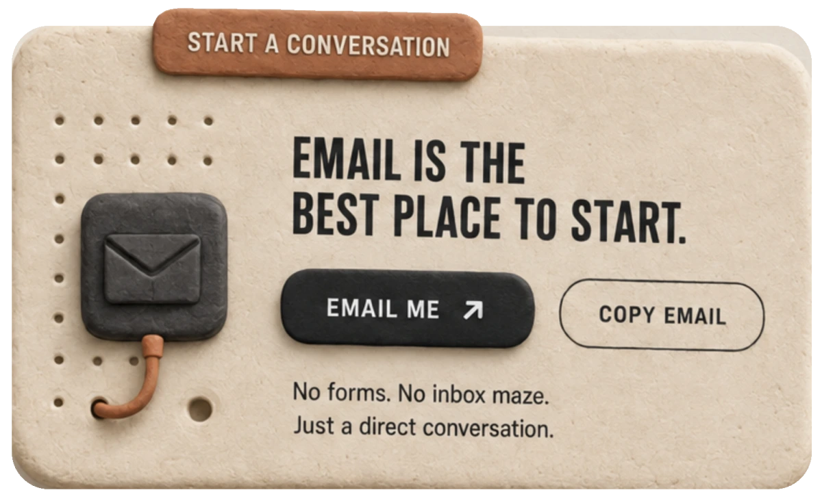 Clay contact board inviting visitors to start a conversation by email