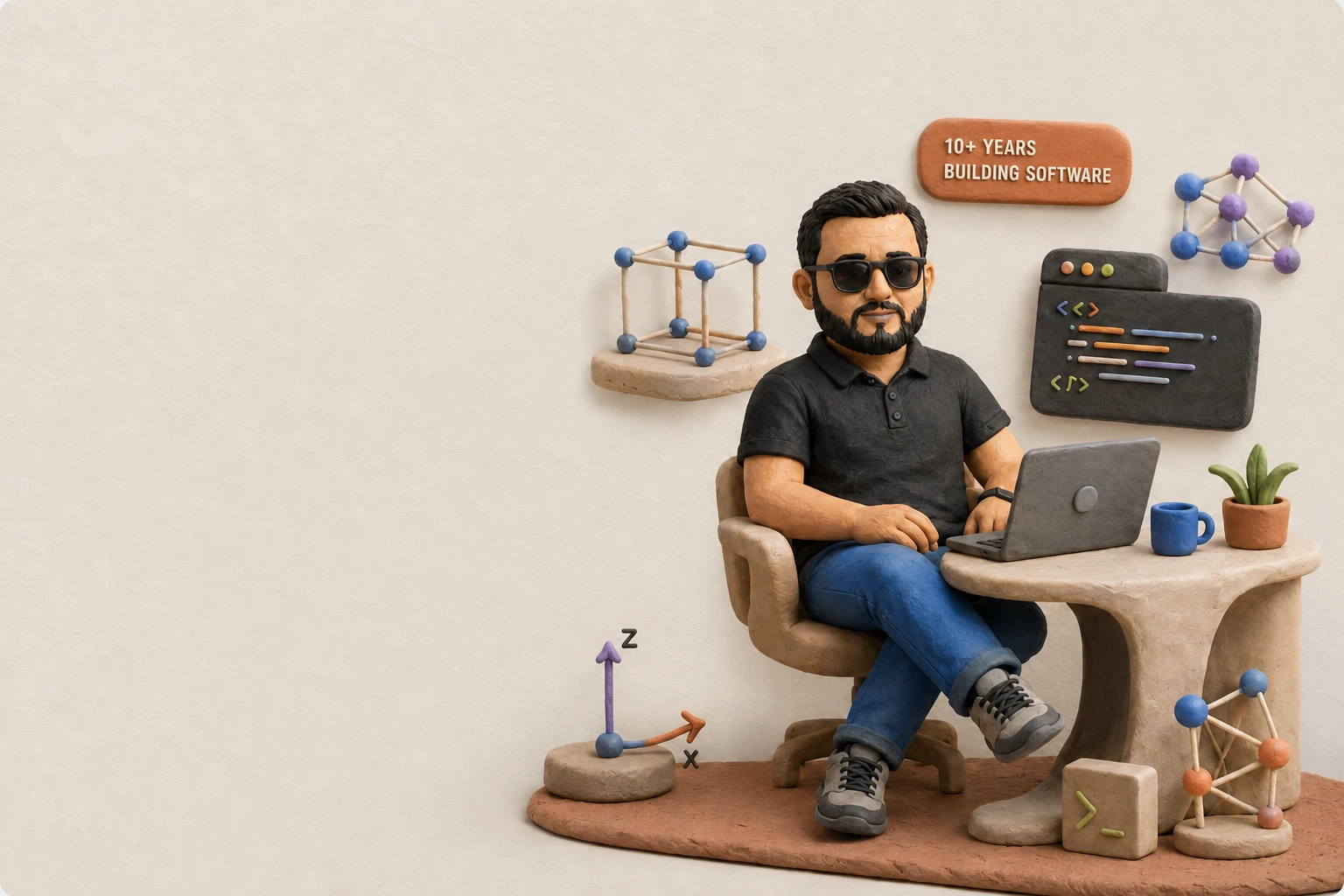 Clay portrait of Abulasar Sayyad seated at a workstation with code, geometry, and AI objects